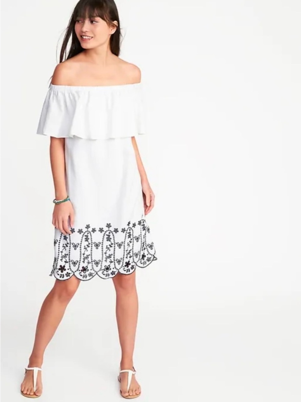 Old Navy White Off-Shoulder Dress with Black Embroidered Hem